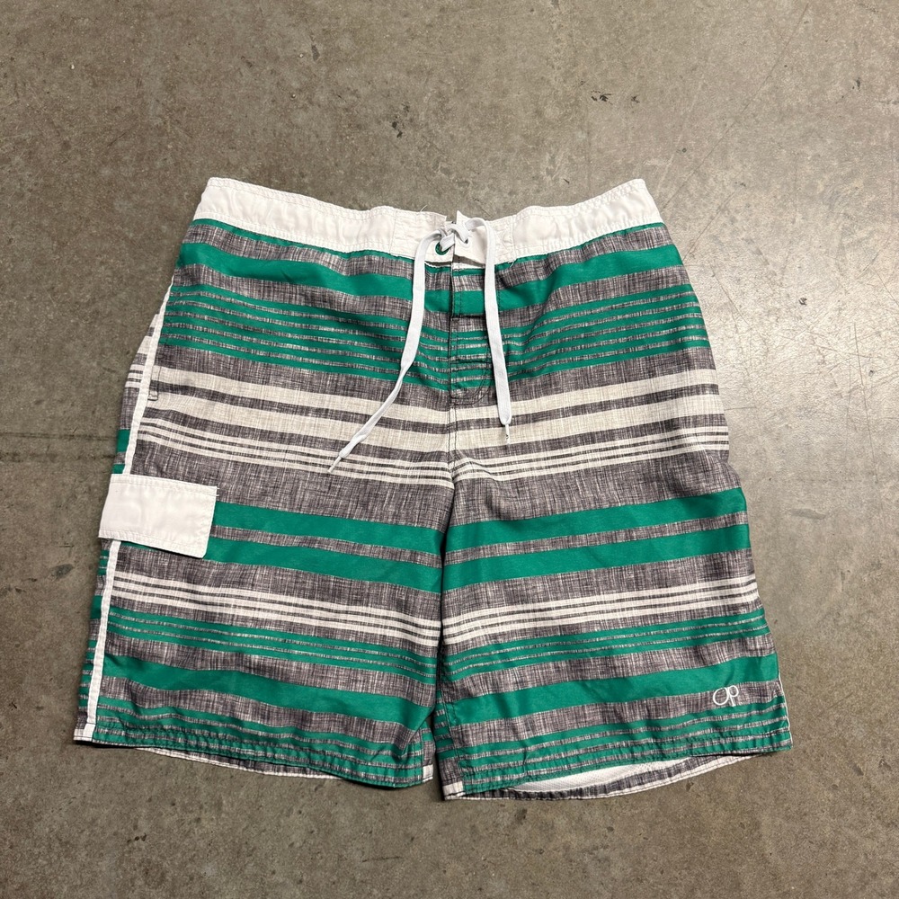 Ocean Pacific OP Mens Board Shorts Green Grey Striped Swim Trunks Large 36-38